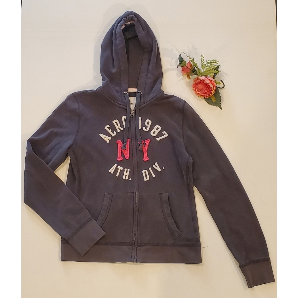 Aeropostal Grey, Pink, and White Zipper Hoodie